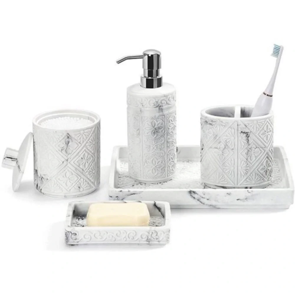 Luxspire Bathroom Accessory Sets 5 Pcs, 3D Resin Vanity Tray, White
